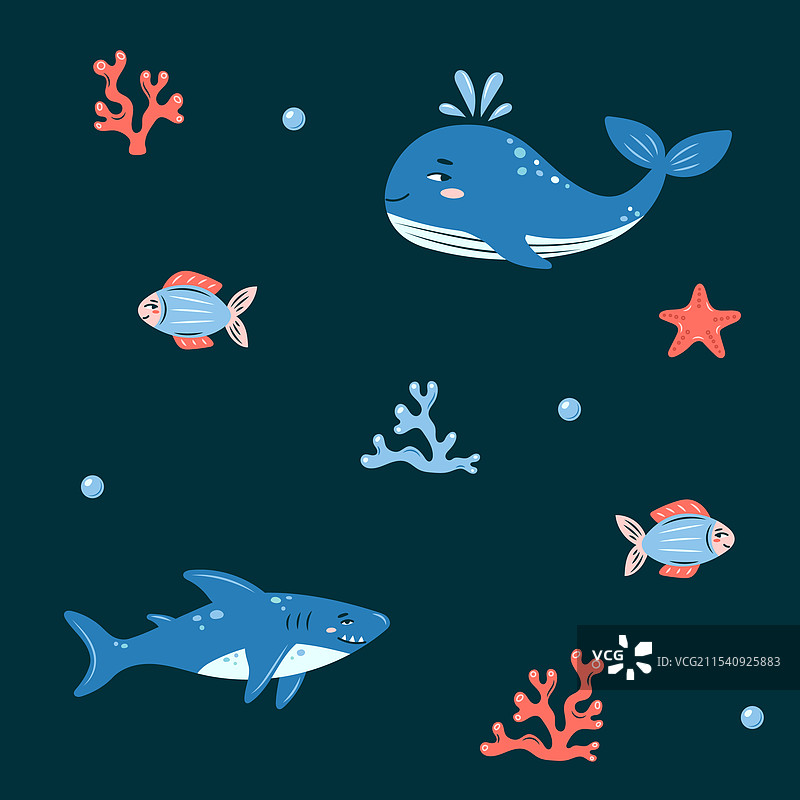 无缝海洋生物图案，海洋动物，鲸鱼图片素材