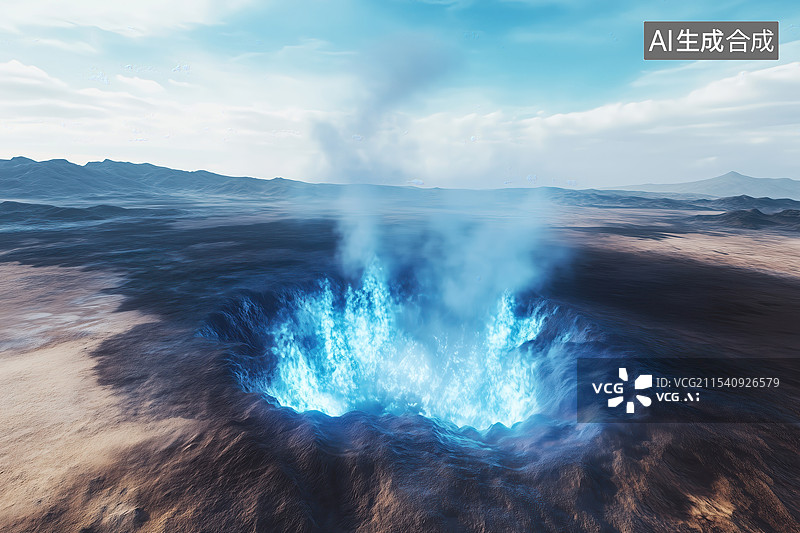 【AI数字艺术】科幻荒凉的外星地表上冒蓝色浓烟的裂谷火山口3D插画图片素材