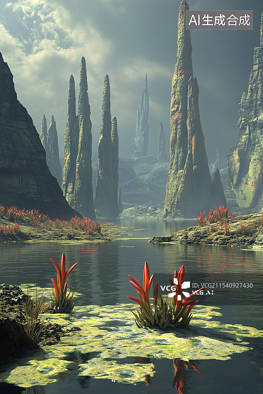 【AI数字艺术】幻想科幻有彩色奇异植物的外星自然风景3D立体插画图片素材