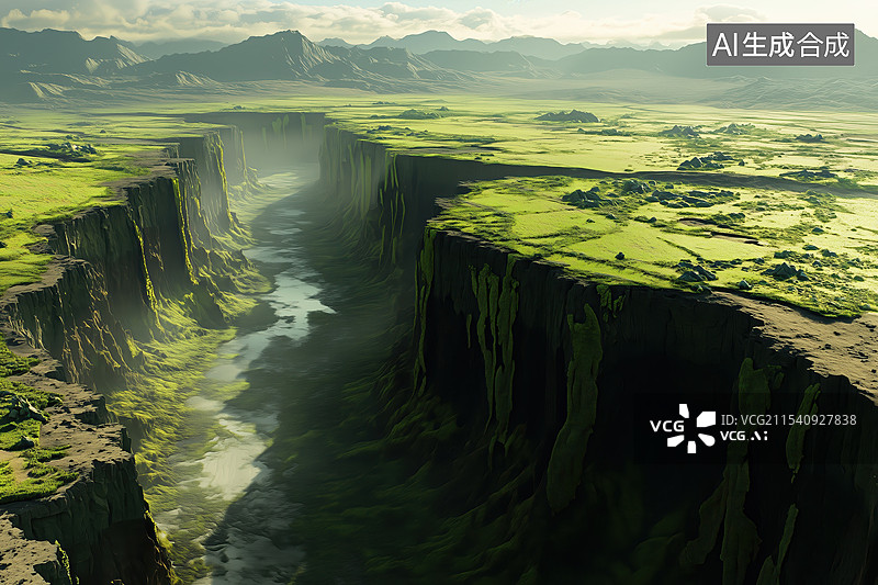 【AI数字艺术】科幻夜晚荒凉孤寂的外星地表上的裂谷裂缝3D插画图片素材