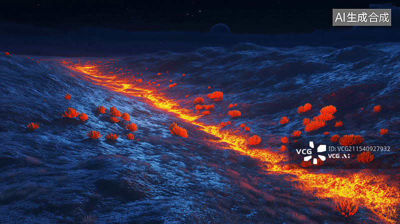 【AI数字艺术】科幻夜晚荒凉孤寂的外星地表上的裂谷裂缝3D插画图片素材