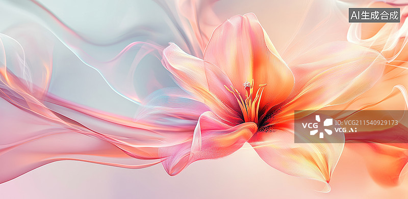 【AI数字艺术】一朵美丽的百合花，花瓣呈现出柔和的橙色和粉色渐变，背景是轻盈的蓝色和紫色烟雾状效果，营造出一种梦幻而图片素材
