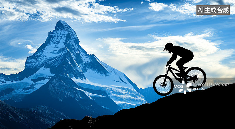 【AI数字艺术】一位山地自行车手在空中表演特技的瞬间，背景是壮丽的雪山和绚丽的日落天空。图片素材