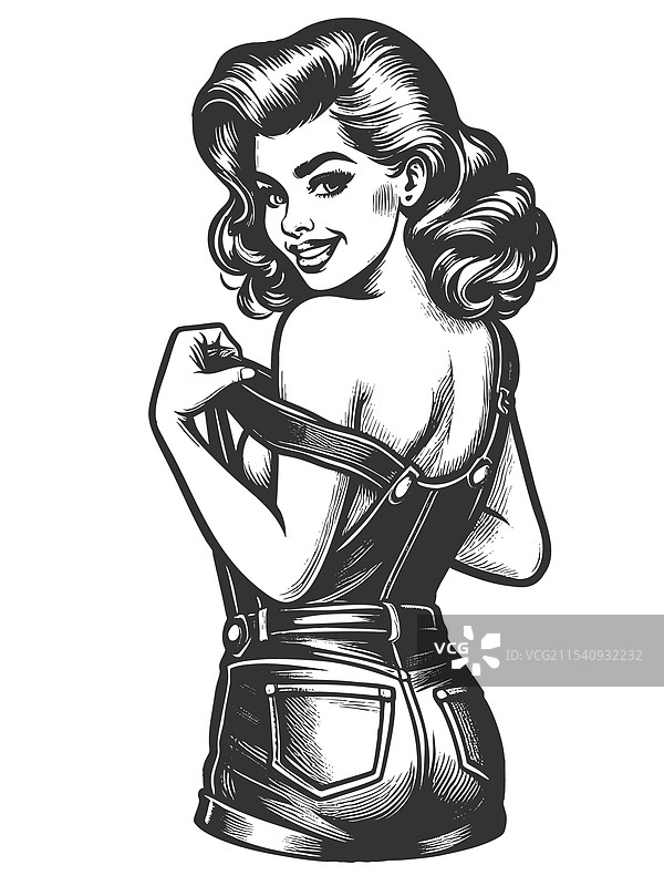 调皮的女人穿着工装裤，正在解开一条肩带。图片素材