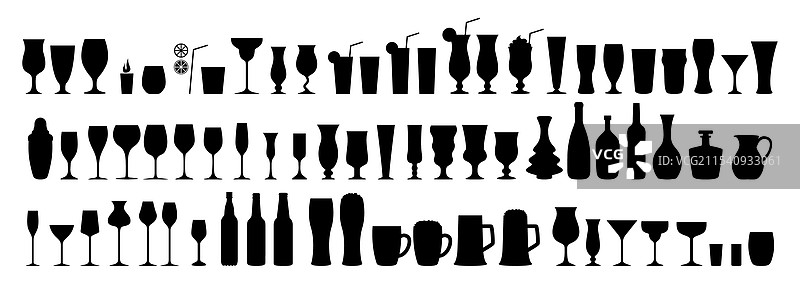 酒吧各种酒精鸡尾酒杯的剪影图片素材