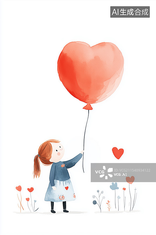【AI数字艺术】儿童简笔画风格的一个女孩拿着红色气球图片素材