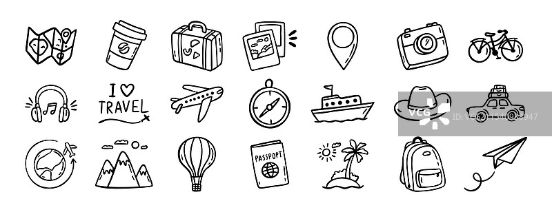 旅行涂鸦手绘图标集轮廓图图片素材