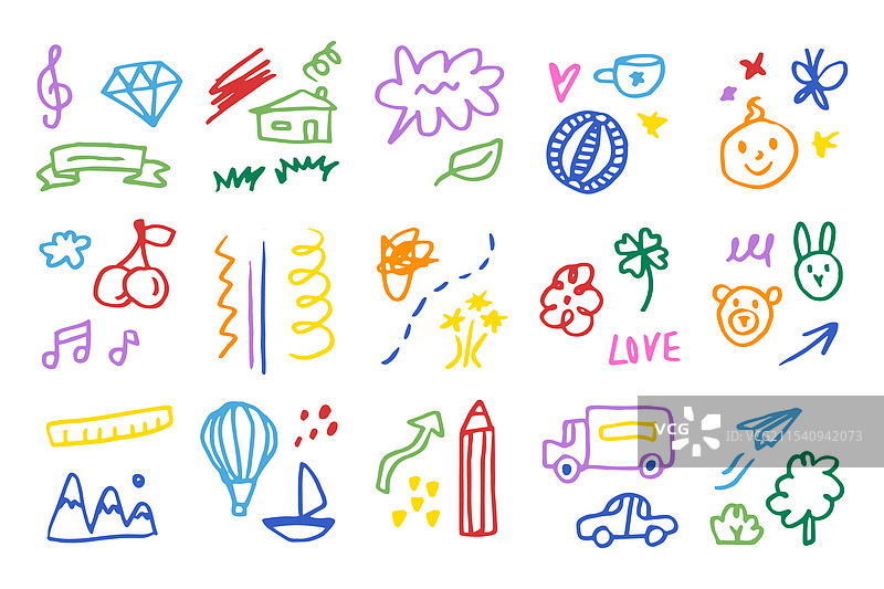 儿童涂鸦彩色套装手绘简单图案图片素材