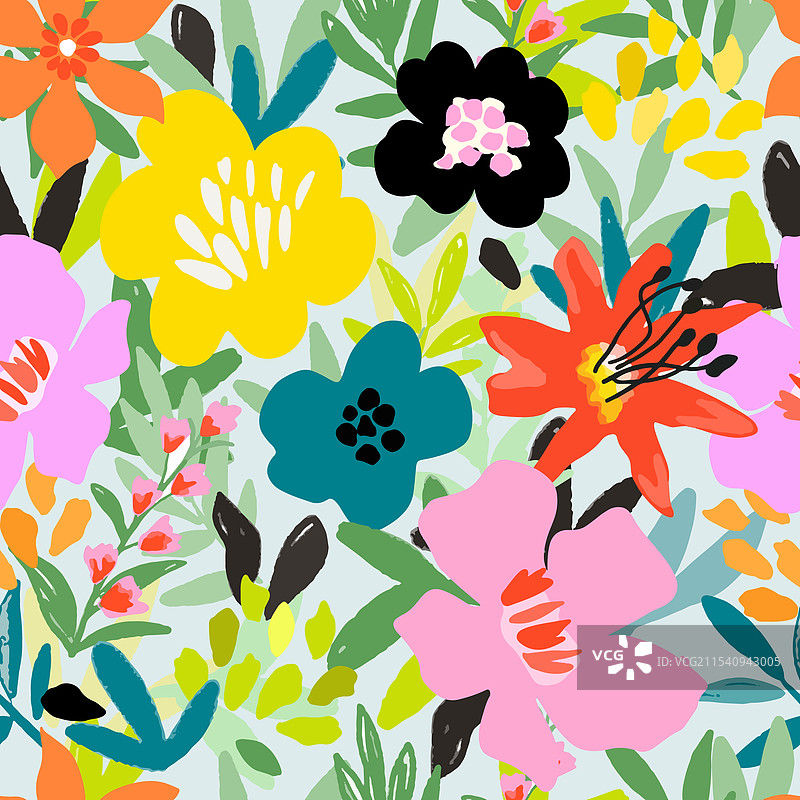 色彩斑斓的盛开花卉与叶子无缝图案图片素材