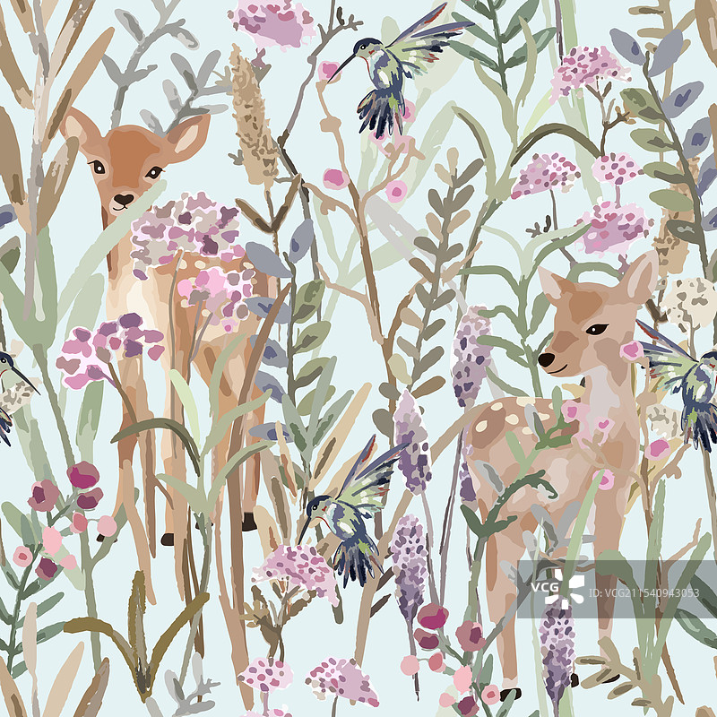 水彩画中的一对鹿和蜂鸟图片素材