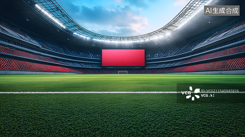 【AI数字艺术】空旷的足球体育场，低视角绿茵草坪特写图片素材