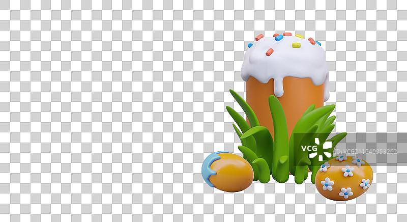 3D复活节蛋糕与绿色草地上的彩绘鸡蛋图片素材