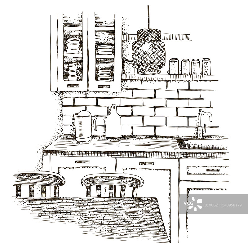 手绘厨房内部，配有餐桌和图片素材