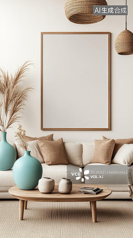 【AI数字艺术】现代简约北欧风客厅场景空画框摆设图片素材
