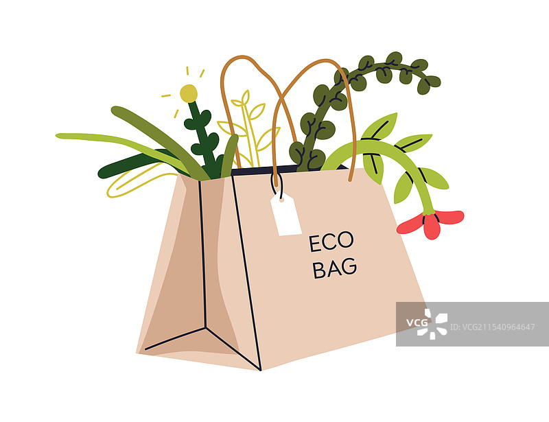 装有绿色植物的环保纸袋图片素材