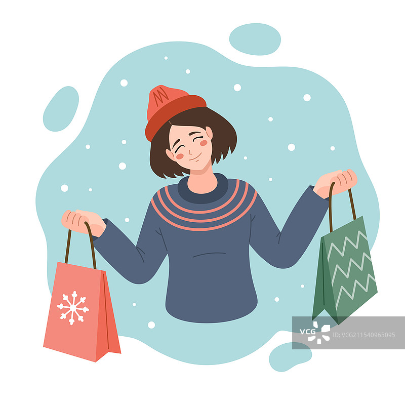 女孩手持纸袋，呈现圣诞礼物图片素材