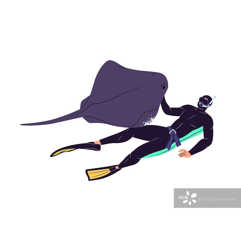 戴着护目镜的游泳者与海洋黄貂鱼交流图片素材