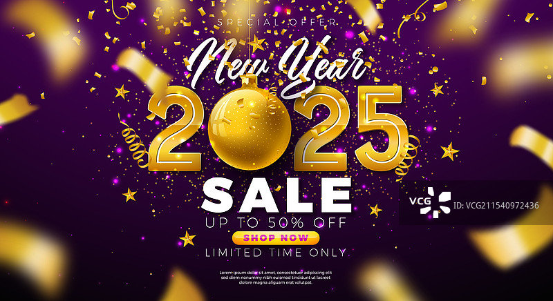 2025年新年快乐促销设计，带有3D金色效果图片素材