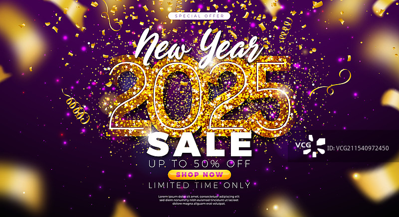 2025年新年快乐促销设计，带有金色元素图片素材