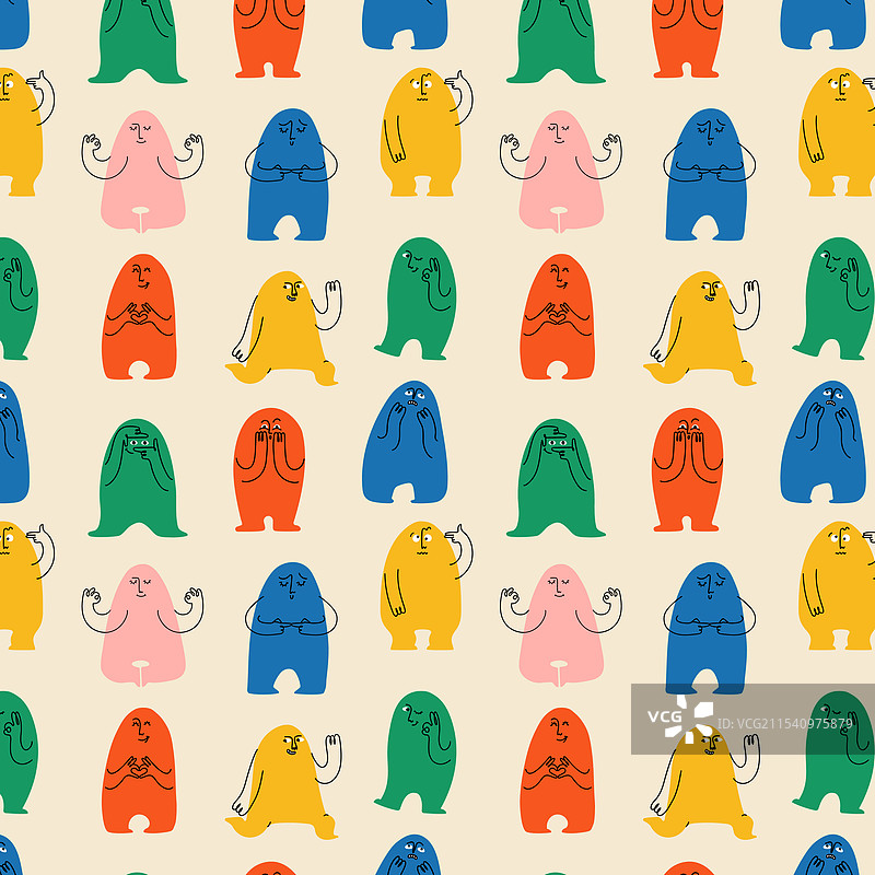 漫画表情符号彩色无缝图案各种手指图片素材