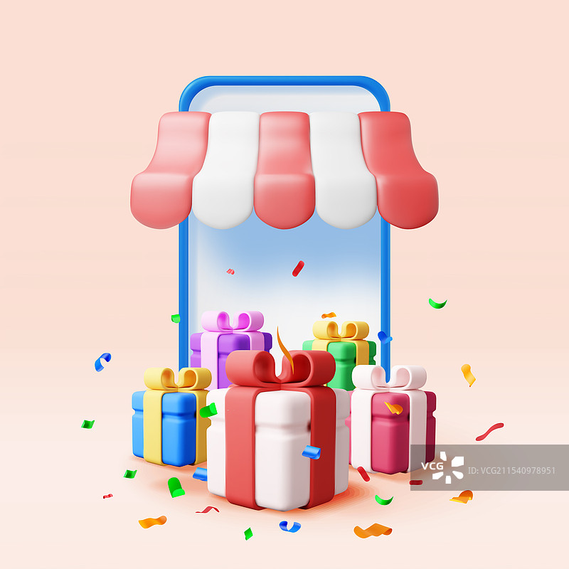 智能手机上的3D条纹遮阳篷和礼品盒图片素材