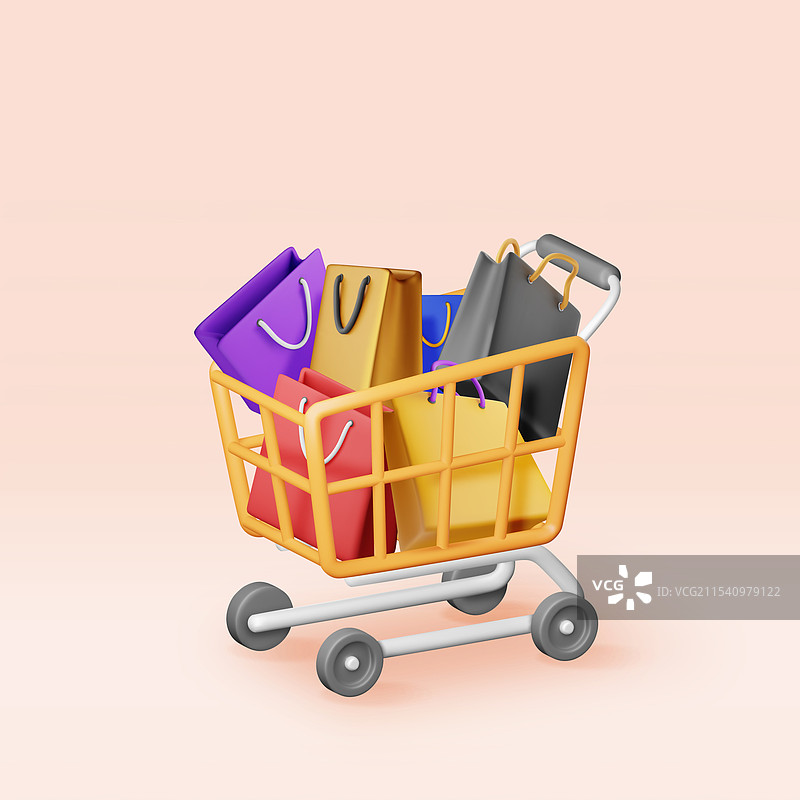 购物车中的3D购物袋或礼品袋图片素材