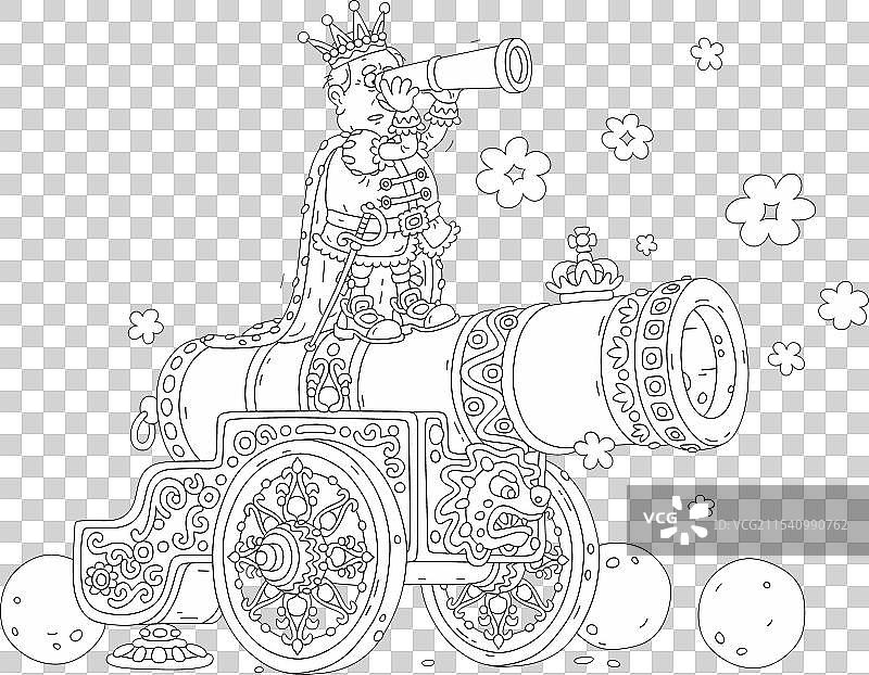 愤怒的国王手持望远镜坐在他巨大的大炮上图片素材