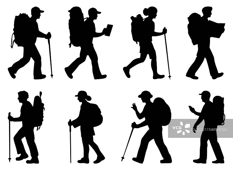 背包客和徒步旅行者的剪影图片素材