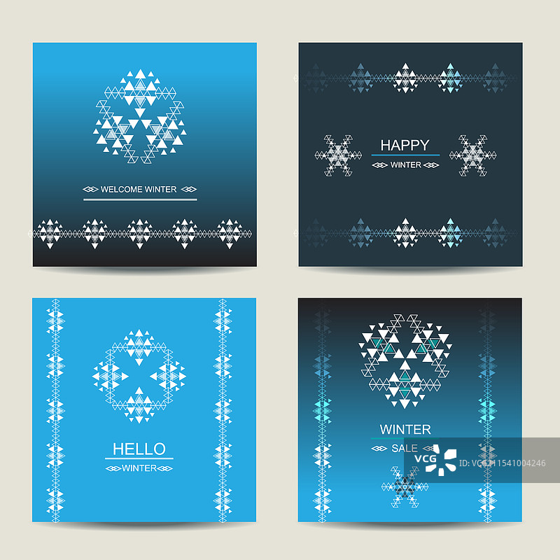 一套带有民族设计的蓝色方形冬季贺卡图片素材