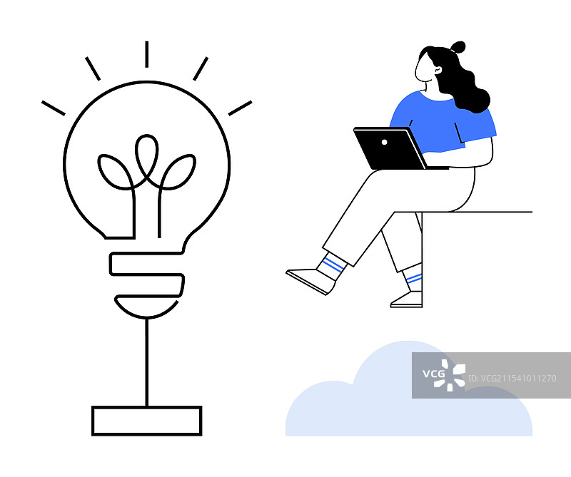 一位女性在巨大的灯泡旁边使用笔记本电脑工作图片素材