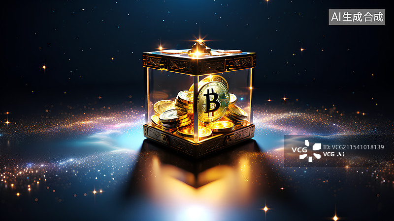 【AI数字艺术】装在玻璃宝盒的比特币，加密货币，虚拟货币，数字货币图片素材