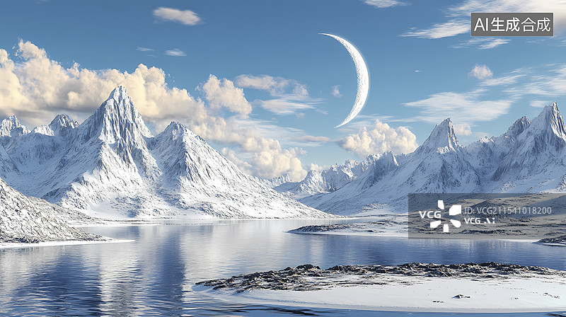 【AI数字艺术】白色雪山湖泊风景插画海报背景图片素材