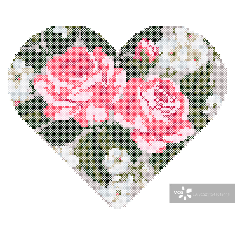 十字绣花卉心形刺绣玫瑰花图片素材