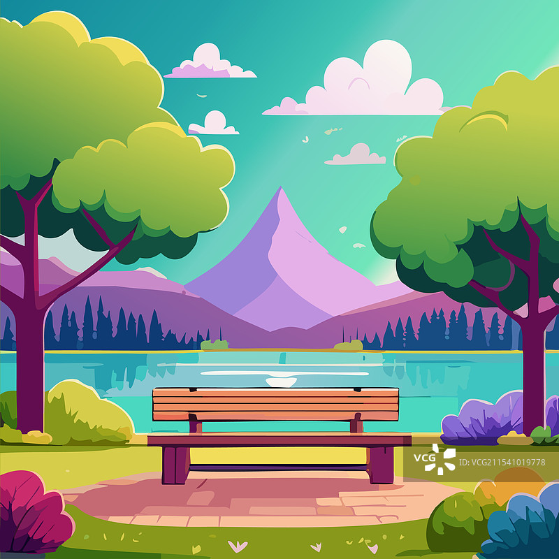 公园长椅和湖泊风景背景图片素材