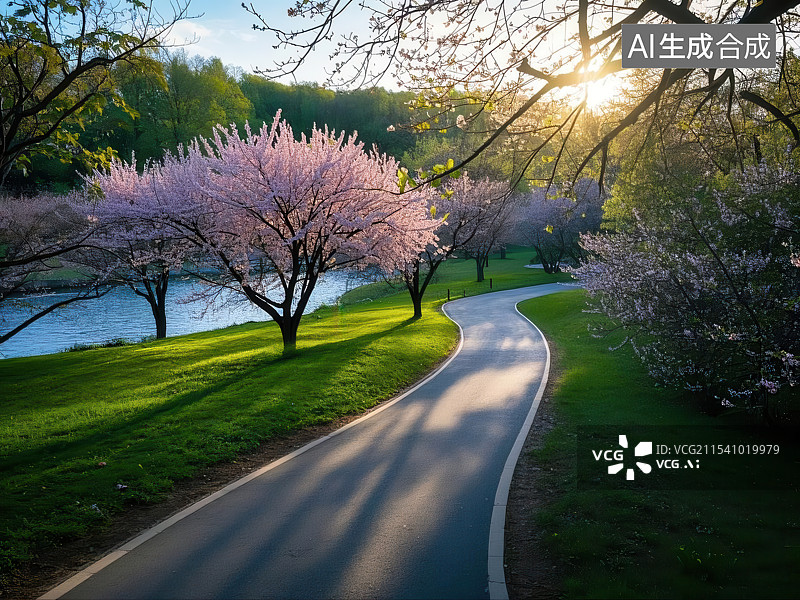 【AI数字艺术】春日暖阳下的浪漫林间小路图片素材