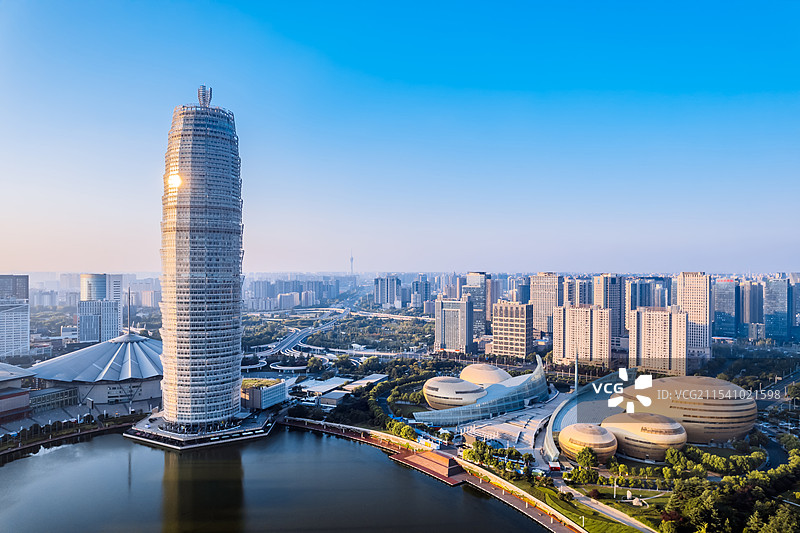 中国河南郑州郑东新区绿地千玺广场CBD和河南艺术中心航拍图片素材