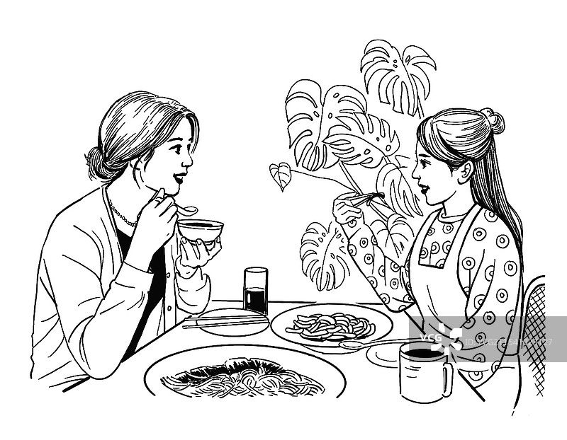 黑白 插图 插画 素描 线描 闺蜜 年轻人 就餐 吃饭 休闲 快乐时光 聚会 约会 美食 生活 女人图片素材