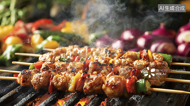 【AI数字艺术】烧烤架上的烤肉串特写图片素材