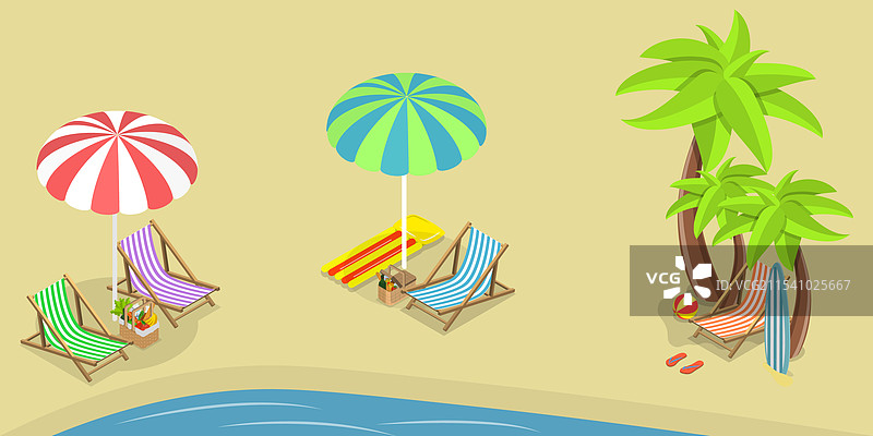 夏季海滩的3D等距平面图集图片素材