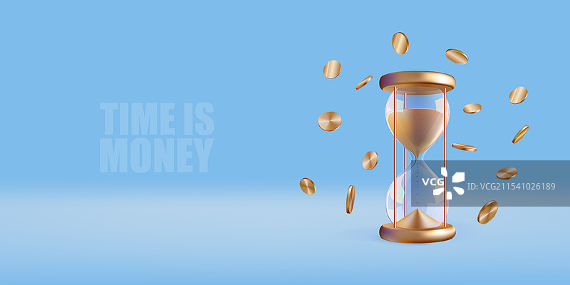 金色沙漏和硬币的3D横幅模板图片素材