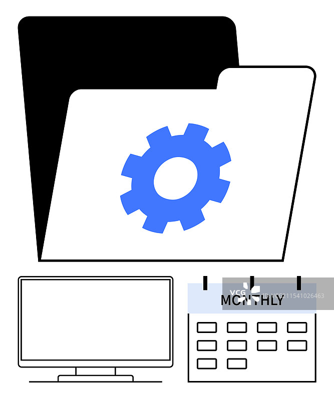 包含设备的文件夹、电脑显示器和每月计划图片素材