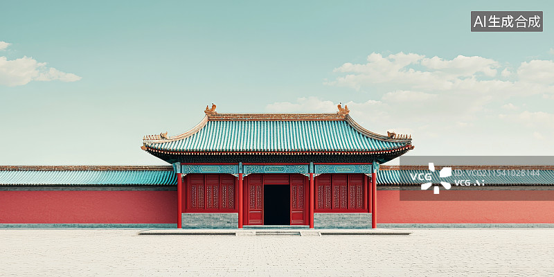 【AI数字艺术】传统中式建筑，红墙蓝瓦图片素材