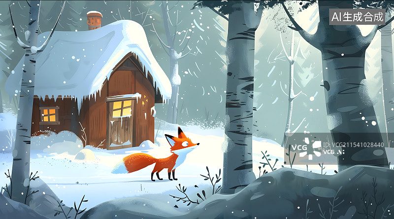 【AI数字艺术】冬天树林里的房子和小狐狸图片素材