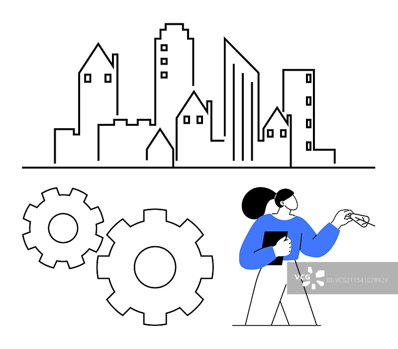 城市天际线与手持蓝图的工程师图片素材