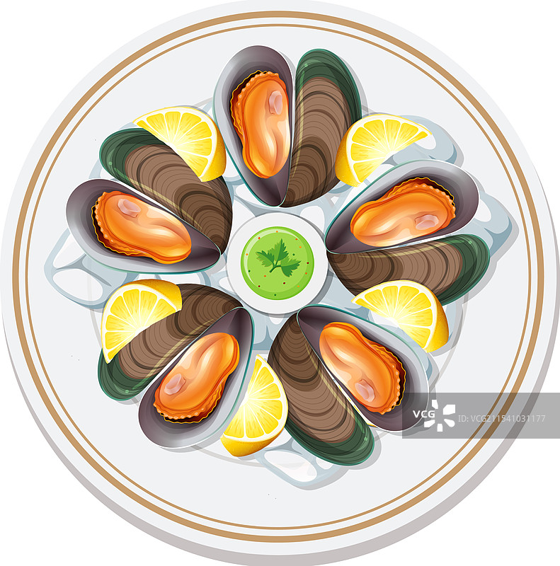 贻贝与柠檬片和绿色酱汁的摆放图片素材