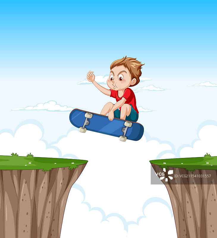 年轻的滑板少年在两座岩石悬崖之间跳跃图片素材