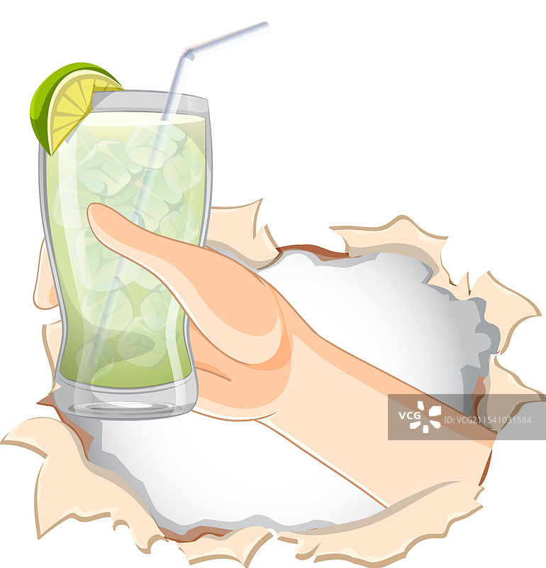 手握青柠饮料穿过撕裂的纸张图片素材