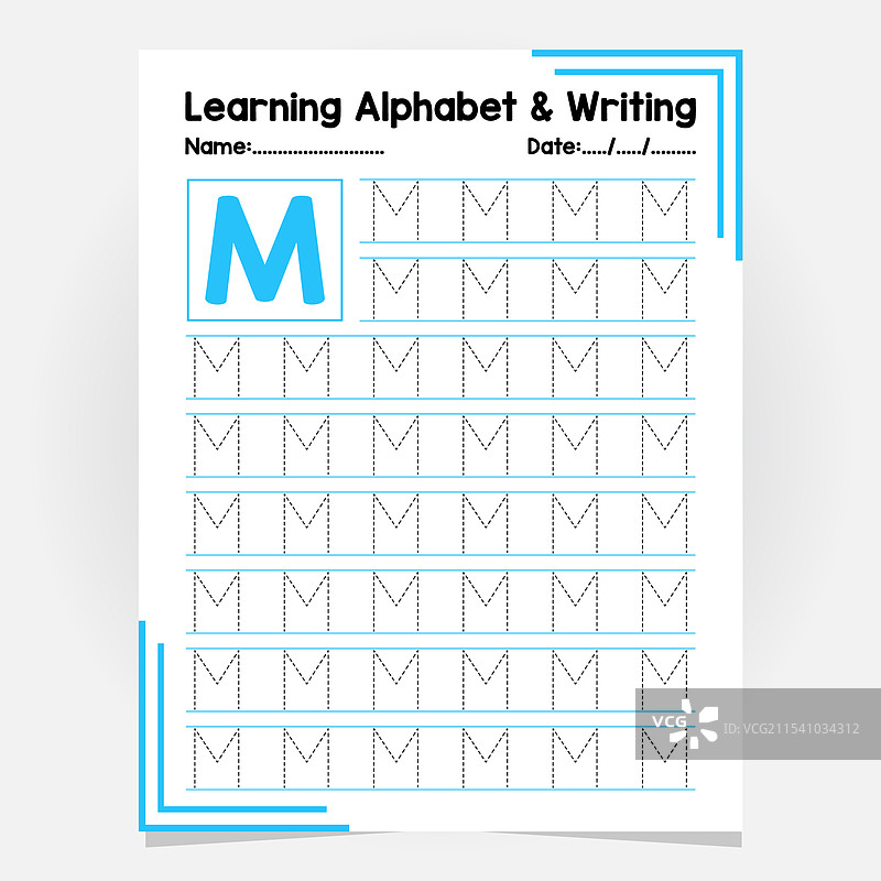 字母m的字母追踪练习工作表图片素材
