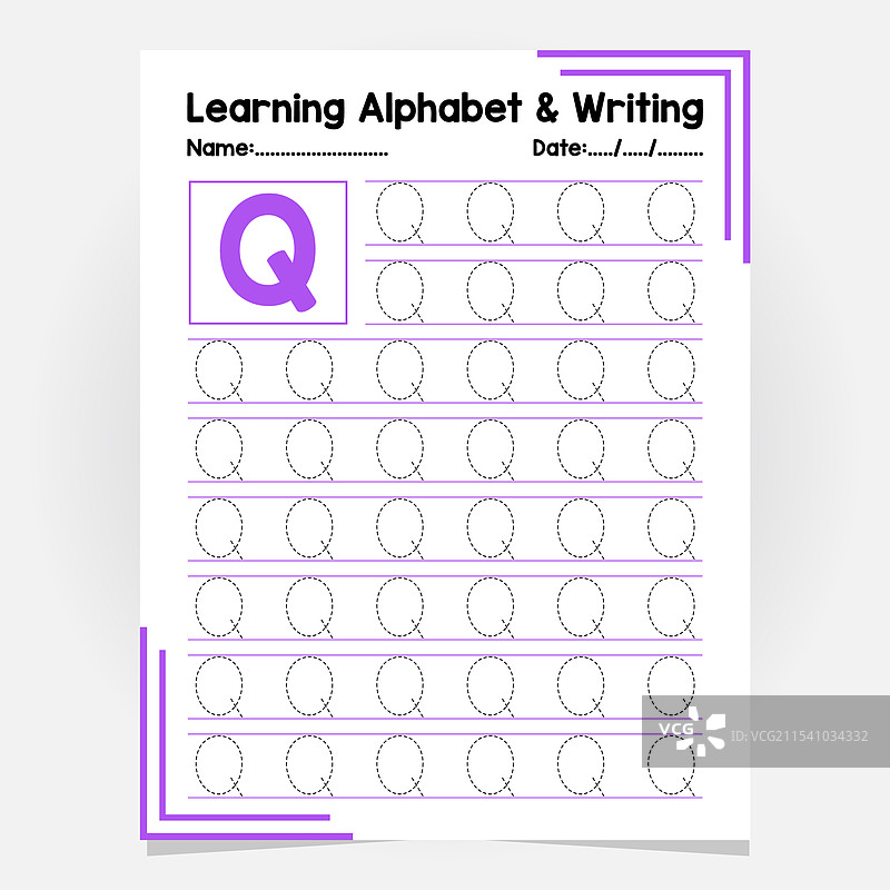 字母Q的字母追踪练习工作表图片素材