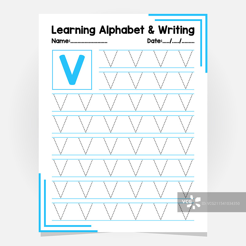字母V的字母追踪练习工作表图片素材